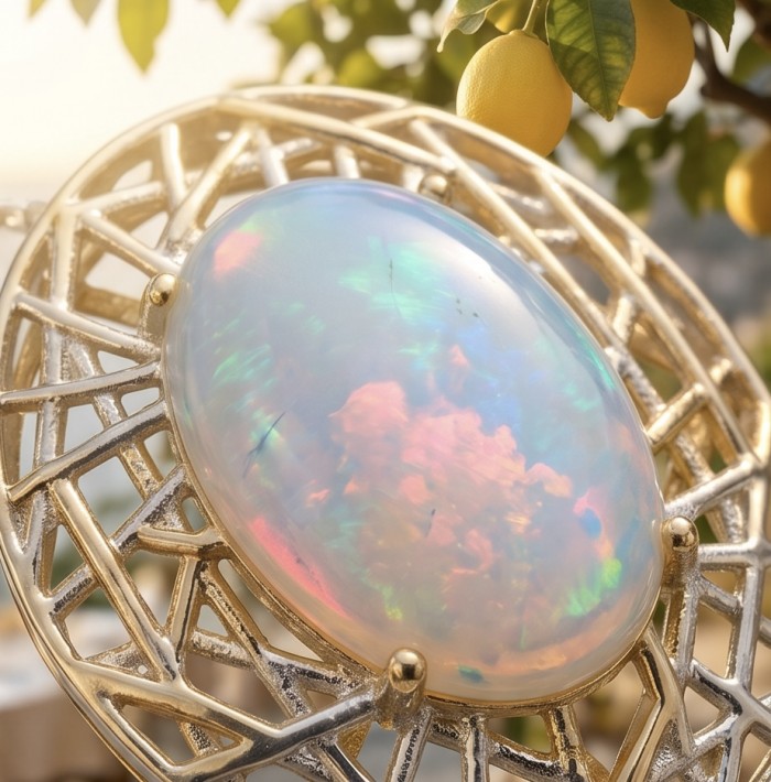 Earth Treasure Authentic 12.8 carat Golden Ethiopian Opal 22K Gold over .925 Sterling Silver handcrafted Statament Necklace - Close-up of Golden Ethiopian Opal in intricate gold setting