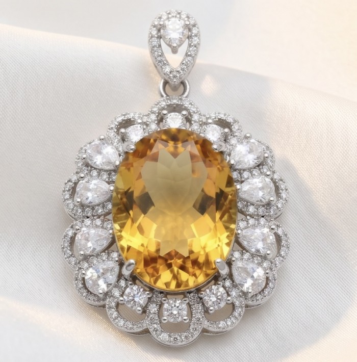 Costa del Sol 18.8 carat Citrine .925 Sterling Silver handcrafted Statement pendant - Close-up of Costa del Sol Citrine pendant in sterling silver setting