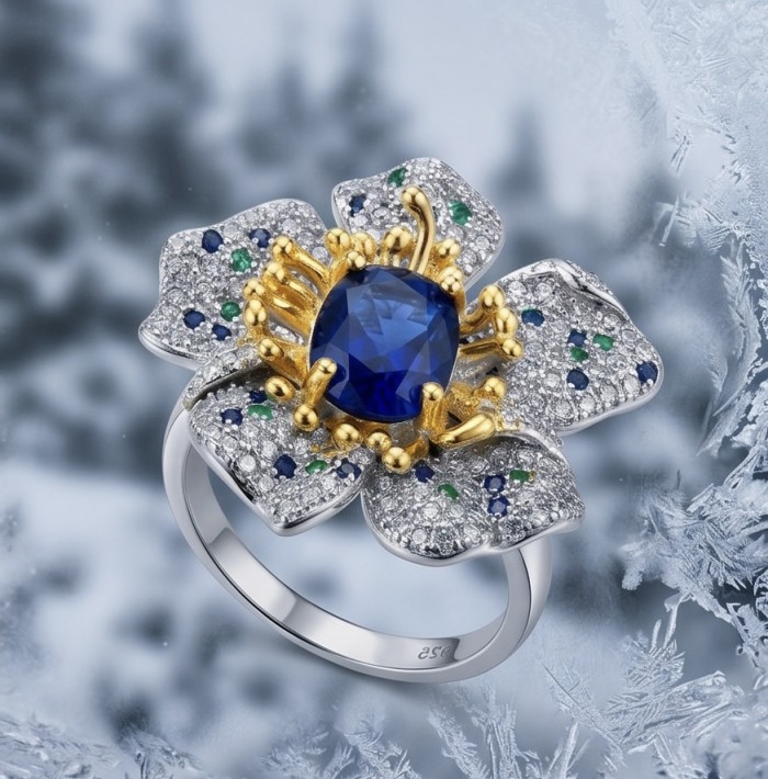 Luxurious exotic Flower 3.7 carat Sapphire Emerald 2 tones .925 Sterling Silver handcrafted Ring size 7 1/4 - Close-up of an exotic flower ring with sapphire and emerald accents.
