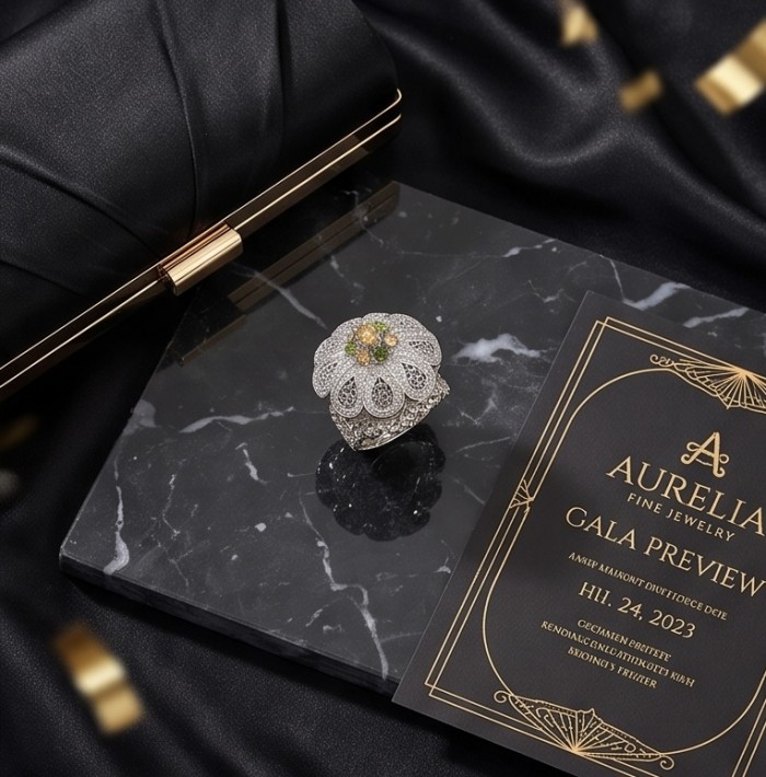 Casablanca Italy made 1.8 carat yellow Sapphire .925 Sterling Silver brilliantly handcrafted ring s. 6 1/2 - Casablanca ring with yellow sapphire on a black marble surface, angled view.