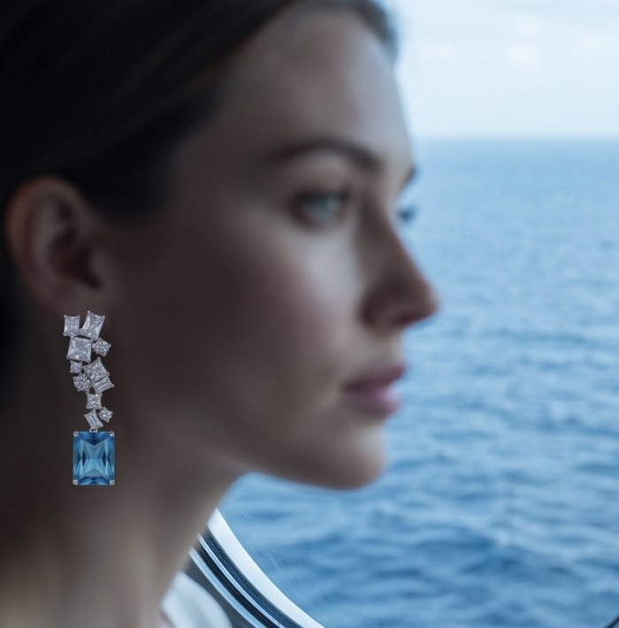 FINE Art 15.8 carat Swiss Blue Topaz rhodium over .925 Sterling Silver Handcrafted Statement earrings - Profile view of earring with blue topaz and diamonds by the sea