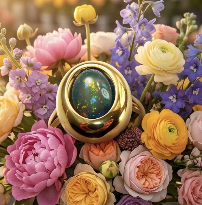 Milky way Genuine 22.2 carat Black Opal 18K Gold over .925 Sterling Silver handmade Ring size 9 - Black opal ring in gold setting amidst vibrant flowers, angled close-up.