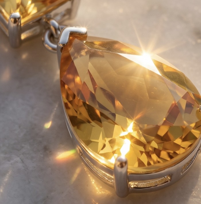 Victoria Authentic 14.5 carat Brazilian Citrine .925 Sterling Silver brilliantly handcrafted Statement earrings - Close-up of 14.5 carat Brazilian Citrine pendant on sterling silver.