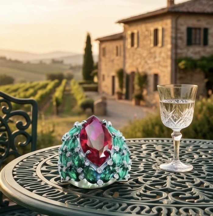 Giovanna 28.6 carat Ruby Emerald .925 Sterling Silver dipped rhodium handmade Huge Statement Ring size 7 - Giovanna 28.6 ct Ruby Emerald ring on table with wine glass