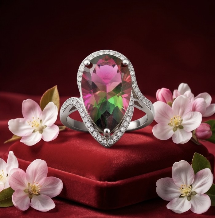 Carolyn 6.8 carat Brazilian Tourmaline .925 Sterling Silver Perfectly handcrafted Ring s. 7 - Close-up of Carolyn 6.8 carat Brazilian Tourmaline ring on red velvet.