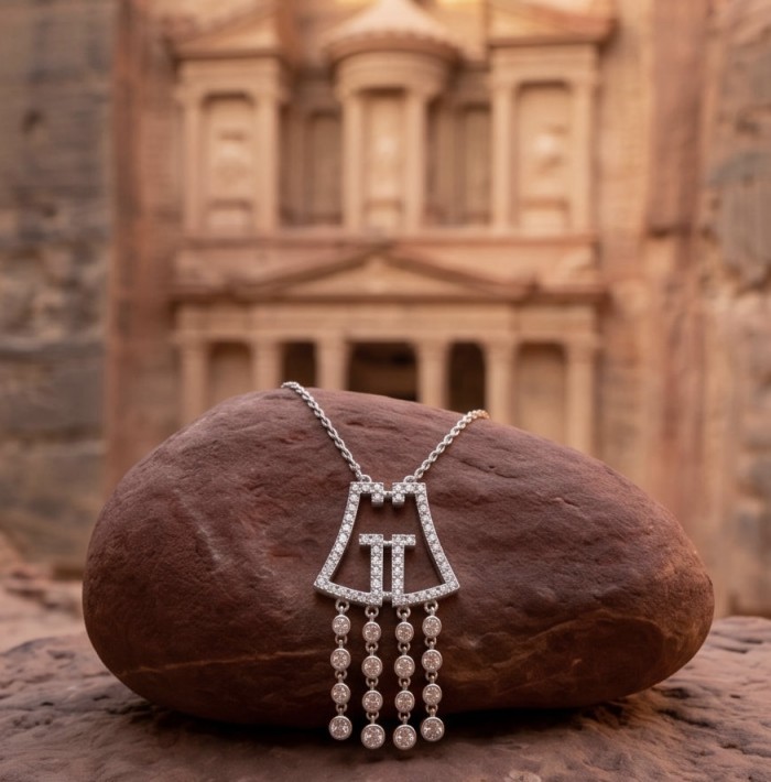 Precious Genuine White Topaz rhodium over .925 Sterling Silver handmade necklace - White topaz necklace on rock at Petra, front view.
