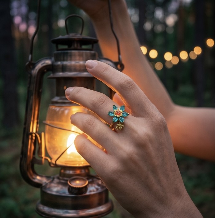 Spinning flower 6.5 carat genuine Green Topaz 14K Gold over .925 Sterling Silver handmade Statement Ring size 8 - Flower ring close-up, worn on hand, holding a lantern.