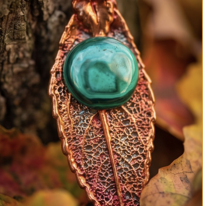 Stylish REAL Leaf dipped in Rose Gold 10.5 carat Malachite .925 Sterling Silver Pendant - Close-up of rose gold leaf with 10.5 carat malachite stone.