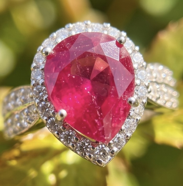 Bella Rosa Genuine 5.5 CARAT Ruby rhodium over .925 Sterling Silver Statement Ring size 8 - Close-up of Bella Rosa 5.5 carat ruby ring with diamond accents.