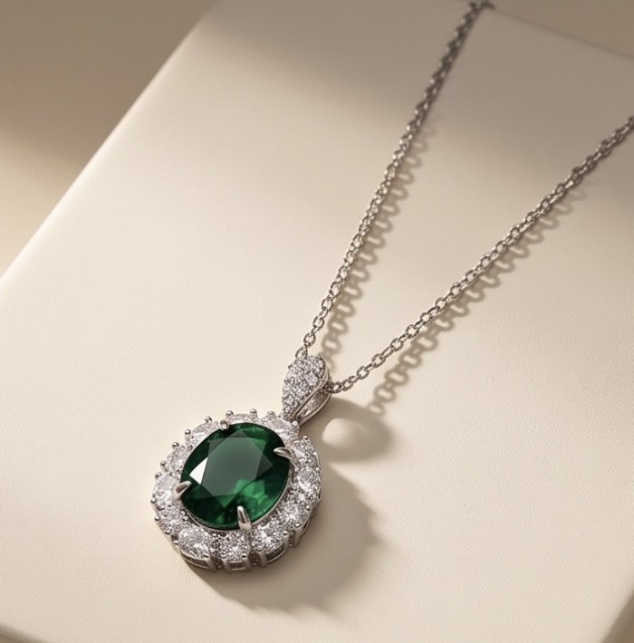 Giovanna- Authentic 11.5 CARAT natural Colombian Emerald .925 Sterling Silver handcrafted necklace - Emerald necklace front view with diamond accents on display