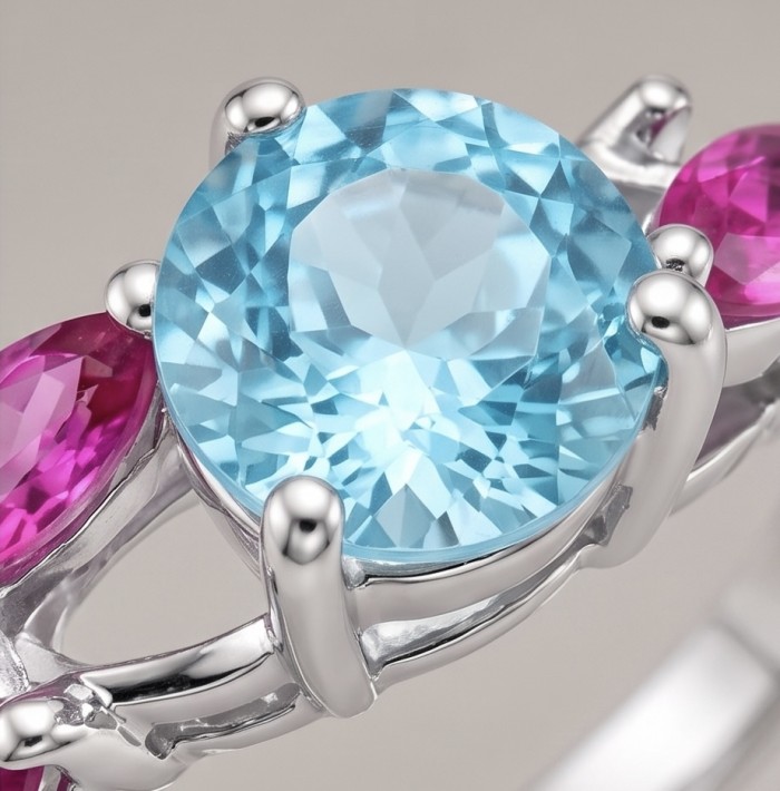 Pacifica 3.8 carat Swiss Blue Topaz .925 Sterling Silver handcrafted ring size 7 - Close-up of Pacifica Swiss Blue Topaz and pink stones in sterling silver.