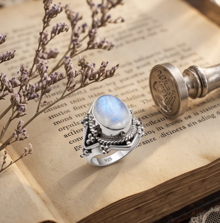 Top quality Rainbow Moonstone Silver handmade ring s. 7 1/2 - photo 2