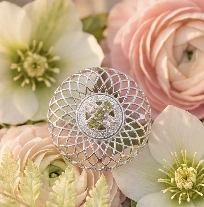 Casablanca Italy made .925 Sterling Silver brilliantly handcrafted ring s. 7 - Top view of Casablanca silver jewelry with floral background