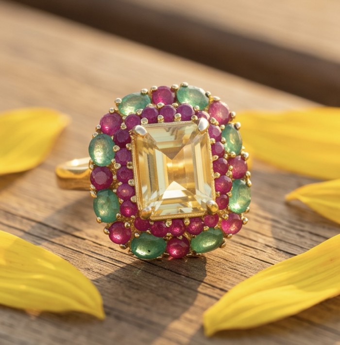 Esperanza - Luxurious 10.2 Brazilian Citrine Emerald 18K Gold over .925 Sterling Silver handmade Statement ring; s. 9 1/4 - Close-up of Esperanza ring with citrine and colorful gemstones