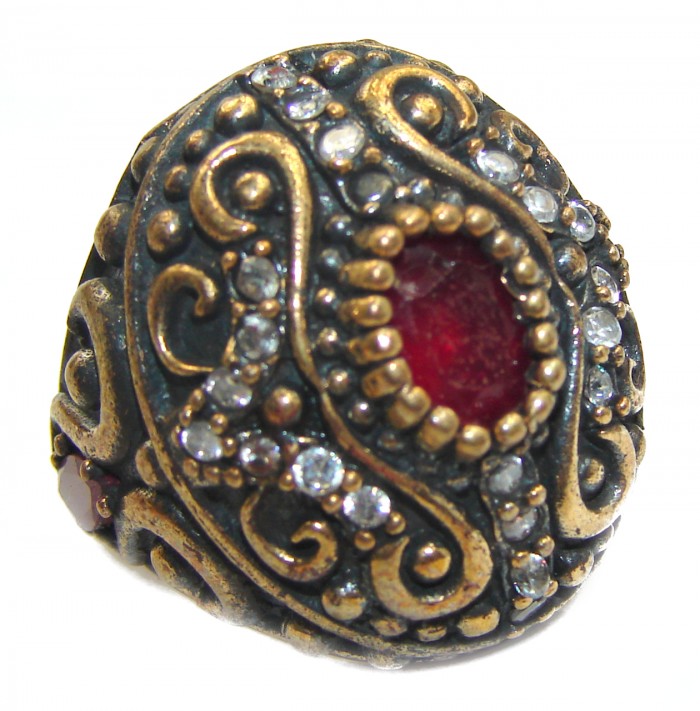 Large Victorian Style created Ruby & White Topaz Sterling Silver ring; s. 6 - photo 1