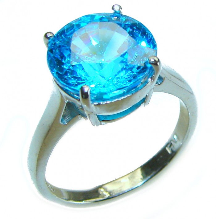 6.5 carat Fancy round cut Swiss Blue Topaz .925 Sterling Silver handmade Ring size 7 3/4 - photo 4