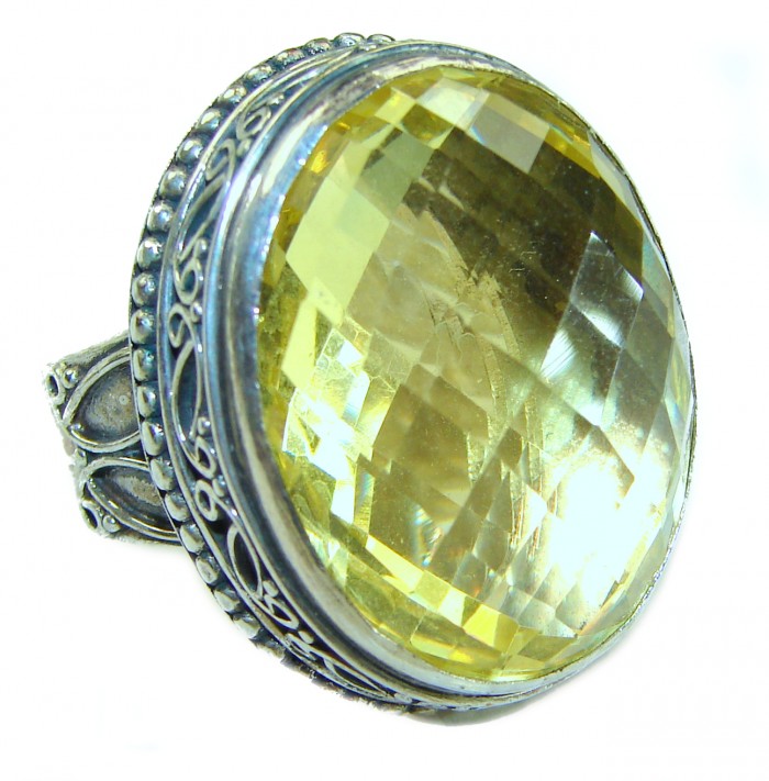 Fancy oval cut Solid 20.8 carat Genuine Lemon Quartz .925 Sterling Silver handcrafted ring size 9 - photo 4