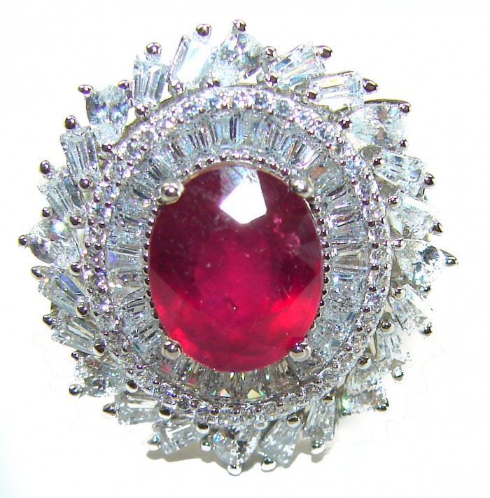 Art Deco Natural 3.5 carat Ruby .925 Sterling Silver handmade Statement Ring size 8 - Close-up of Art Deco ruby and silver ring.