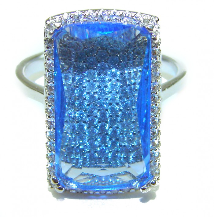 6.5 carat authentic Swiss Blue Topaz .925 Sterling Silver handmade Statement Ring size 7 1/4 - Close-up of Swiss Blue Topaz ring in sterling silver, top view.
