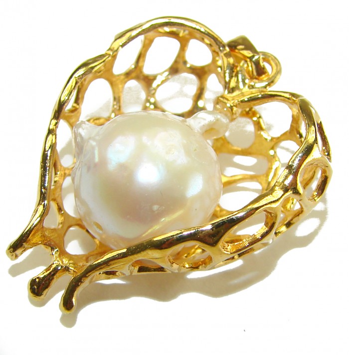 Precious Angels Wings genuine Pearl 14k Gold over .925 Sterling Silver handmade Pendant - Gold heart pendant with pearl, top view.