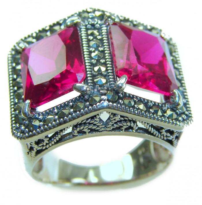 Two Lovers Natural 18.4 carat Ruby .925 Sterling Silver handmade Large Statement Ring size 7 - Ruby ring in .925 silver, top view showing detailed setting.