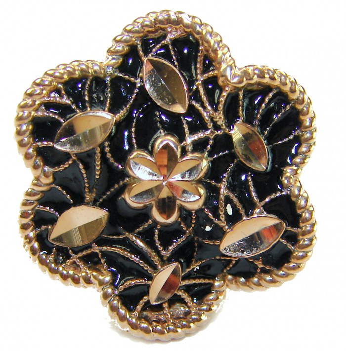 Dubai Style - Golden Flowers black enamel .925 Sterling Silver dipped in 22K Rose Gold handmade Large ring size 6 - Top view of black enamel brooch with golden floral design.