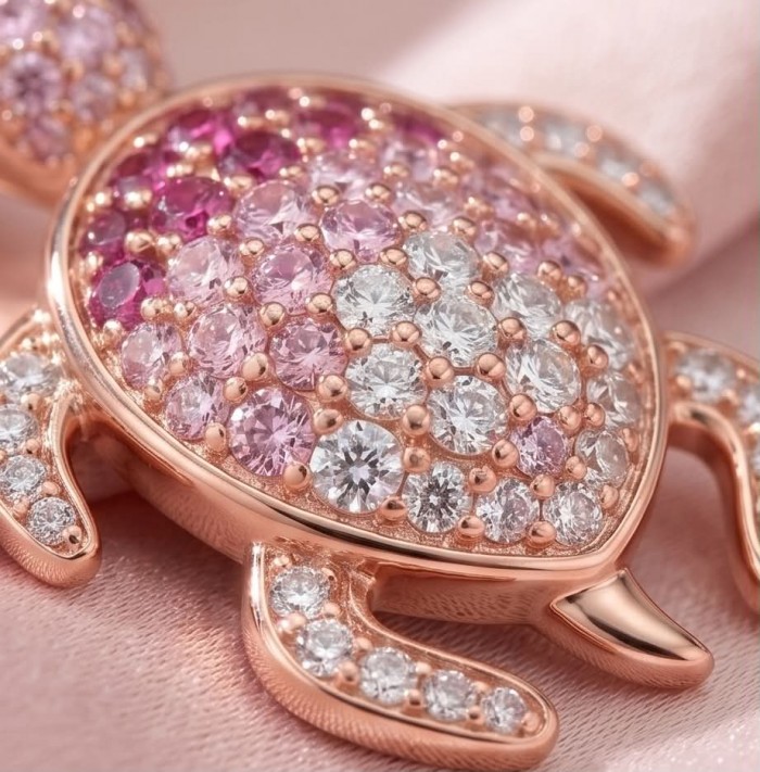Pink Turtles - authentic 10.8 carat Pink Sapphire 18K Rose Gold over .925 Sterling Silver handcrafted Earrings - Close-up of Pink Sapphire Turtle Jewelry in 18K Rose Gold