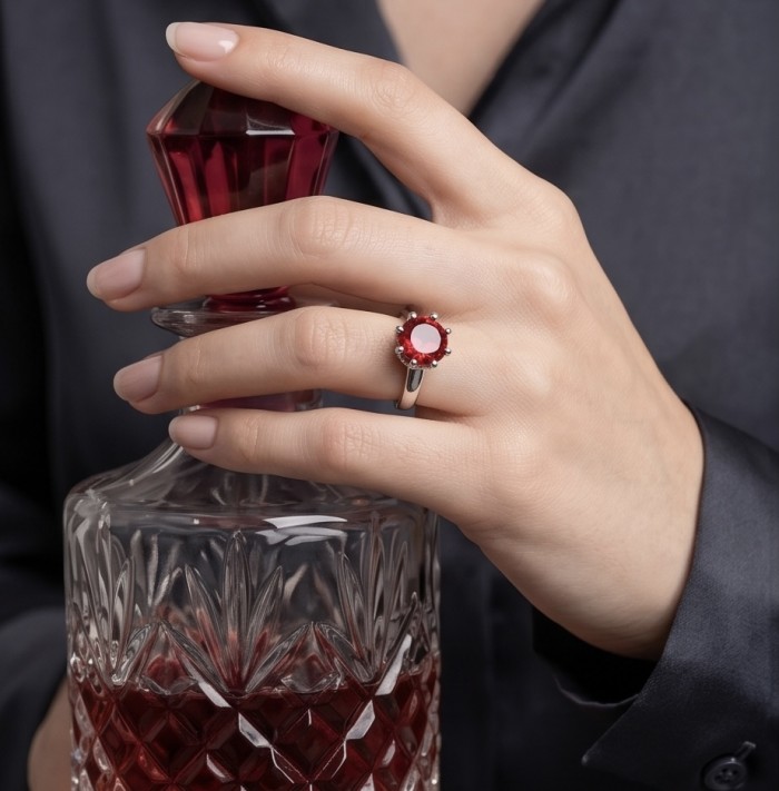 5.6 ctw Red Topaz .925 Sterling Silver handcrafted Statement Ring size 6 - Red Topaz ring on hand holding a crystal decanter