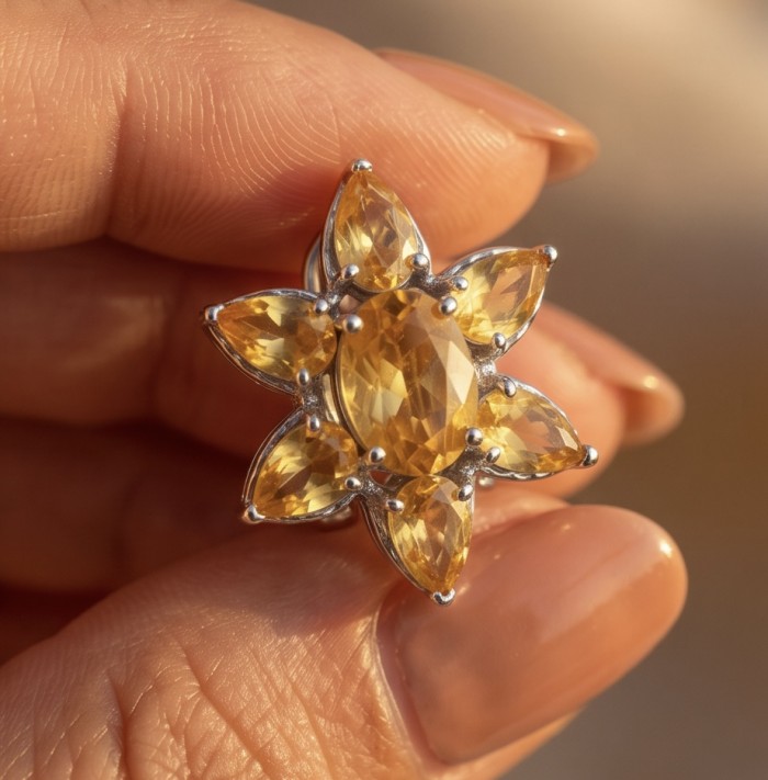 Giovanna - Authentic 18.9 carat Brazilian Citrine .925 Sterling Silver dipped in rhodium handcrafted earrings - Close-up of Giovanna Brazilian Citrine ring in hand