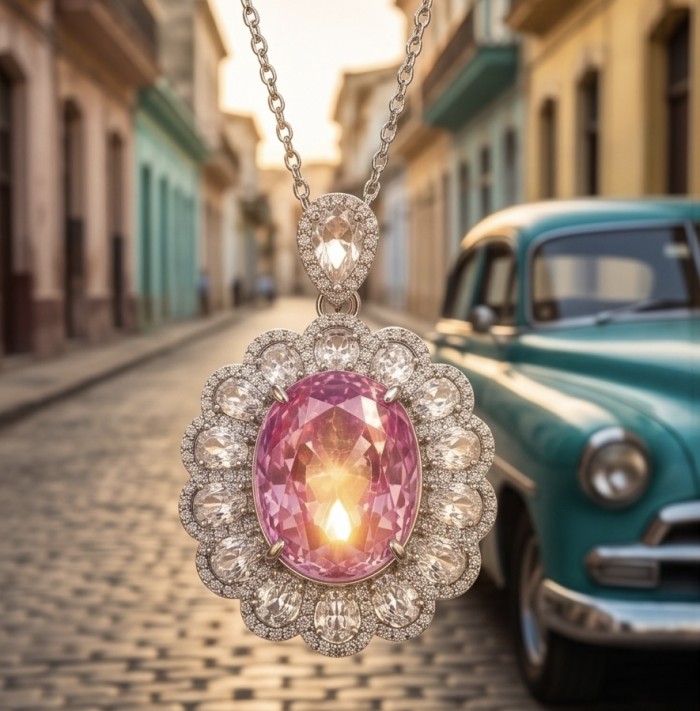 Beatriz Incredible oval cut 20.4 carat Pink Sapphire .925 Sterling Silver handcrafted pendant - Close-up of Beatriz 20.4 carat pink sapphire necklace