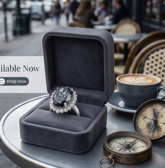 Stella 14.9 carat authentic London Blue Topaz .925 Sterling Silver Handcrafted Ring size 8 - Ring in box with coffee and compass, London Blue Topaz stone close-up