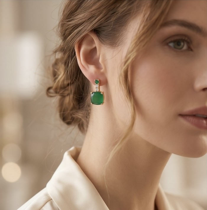 Asscher cut 3.8 carat COLOMBIAN Emerald 22k Gold over .925 Sterling Silver handmade Earrings - Side view of emerald earrings worn by a woman.