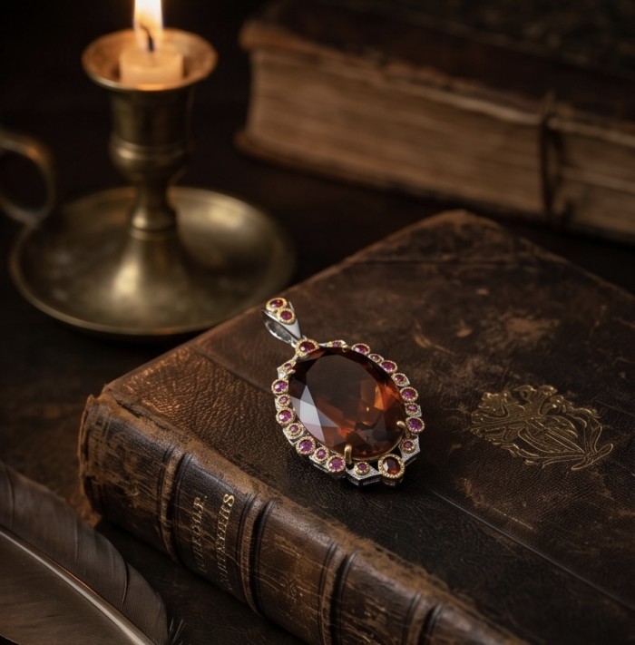 Scarlett Authentic 28.5 carat Smoky Topaz rhodium over 2 tones .925 Sterling Silver handmade Statement Pendant - Smoky Topaz pendant on vintage book with candle and quill in background.