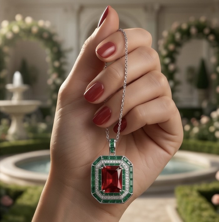 Art Deco 19.4 ctw Ruby Emerald .925 Sterling Silver handcrafted Large Statement necklace - Hand holding Art Deco Ruby Emerald pendant, close-up in garden setting