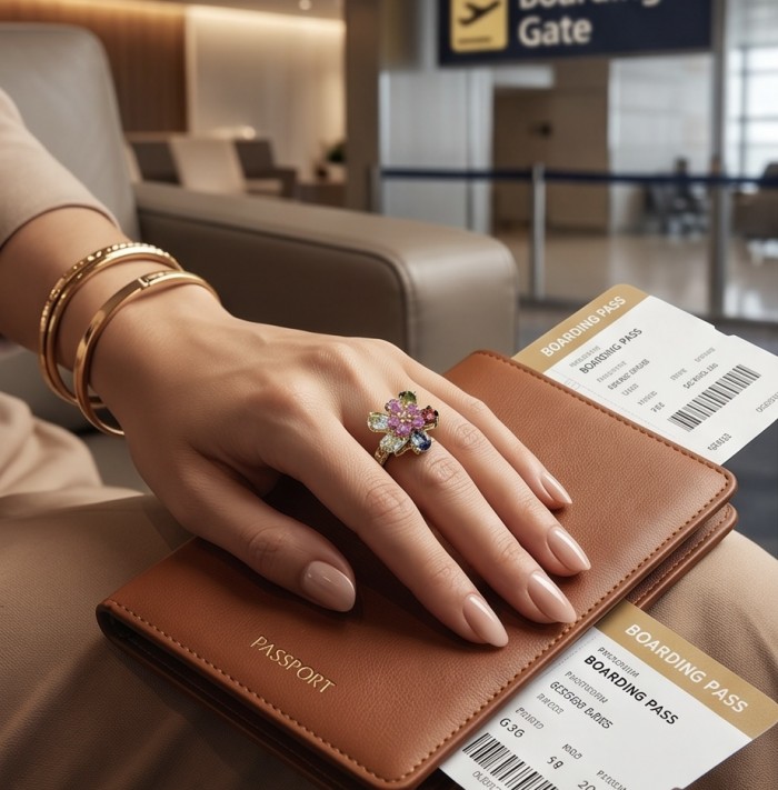 4.8 carat Brazilian Tourmaline .925 Sterling Silver dipped in 18K Gold Perfectly handcrafted Ring s. 8 - Ring worn on hand with boarding pass and passport in background.