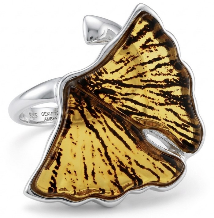 Calla lily Authentic Golden carved Baltic Amber .925 Sterling Silver entirely handcrafted LARGE ring; s. 7 adjustable - Ginkgo leaf Baltic amber ring, silver band close-up.