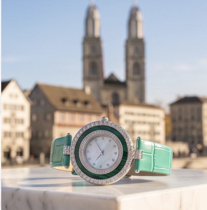 Precious 18.5 carat Authentic INLAY Malachite Genuine Leather strap .925 Sterling Silver handmade Watch - Front view of malachite watch with genuine leather strap on marble surface.