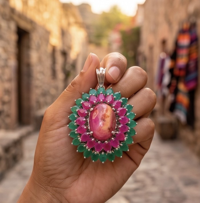 Carmen - authentic 22.5 carat Star Ruby rhodium over .925 Sterling Silver handcrafted Pendant - Close-up of Carmen pendant showing Star Ruby and colorful gemstone design.