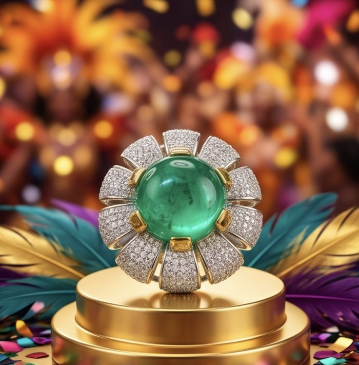Red Flower Natural 14.2 carat Colombian Emerald .925 Sterling Silver dipped rhodium handmade two tones Statement Ring size 8 - Close-up of Red Flower Colombian Emerald ring on a gold stand.