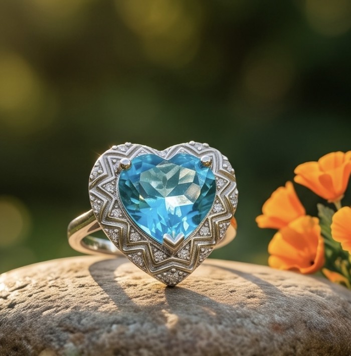Venus's Heart 8.8 carat Swiss Blue Topaz .925 Sterling Silver dipped in rhodium handcrafted ring size 7 - Heart-shaped Swiss Blue Topaz ring close-up on a stone background.