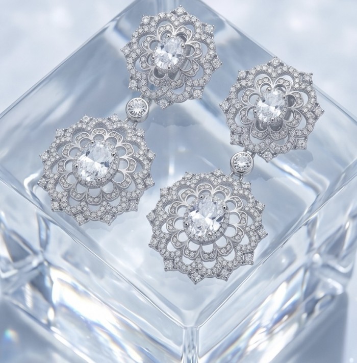Elizabeth Natural 8.2 carat White Topaz .925 Sterling Silver handcrafted earrings - Top-down view of Elizabeth natural white topaz sterling silver earrings.