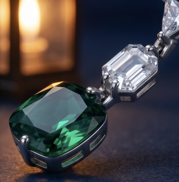 Giovanna- Authentic 8.5 CARAT natural Colombian Emerald .925 Sterling Silver handcrafted Statement earrings - Close-up of emerald and diamond necklace under soft lighting