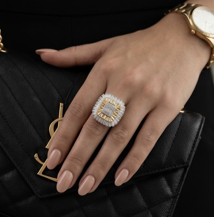 Art Deco 2.2 carat White Topaz 14K Gold over .925 Silver handcrafted Cocktail Ring s. 8 - Worn on hand: Art Deco White Topaz ring with gold and silver detailing.
