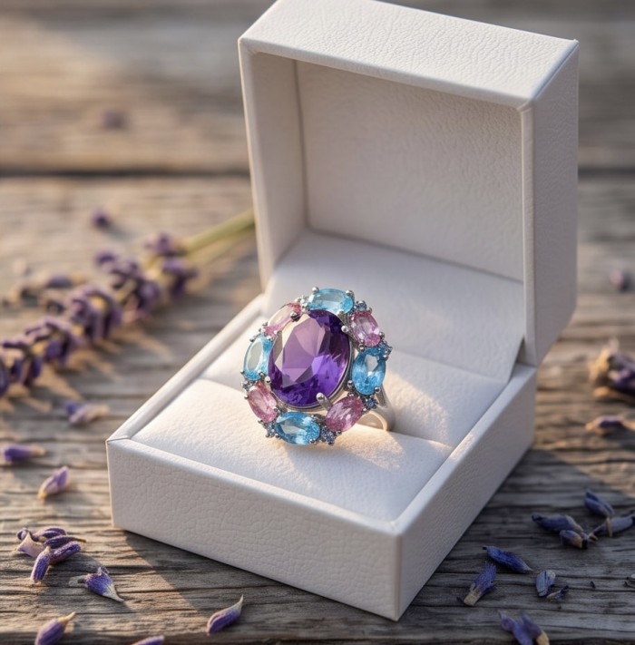 Francesca TOP QUALITY Genuine 33.7 carat Brazilian Amethyst rhodium over .925 Sterling Silver handcrafted Statement Ring size 7 1/4 - Ring with amethyst and colorful stones in an open box on wood background.