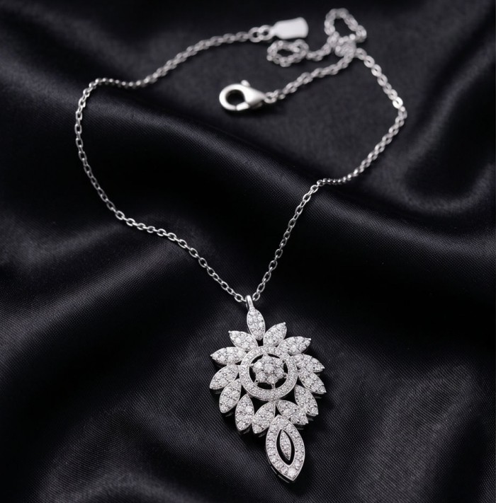 Romantica Precious Natural 4.2 carat White Topaz .925 Sterling Silver handmade necklace - Elegant white topaz necklace on black background, frontal view.