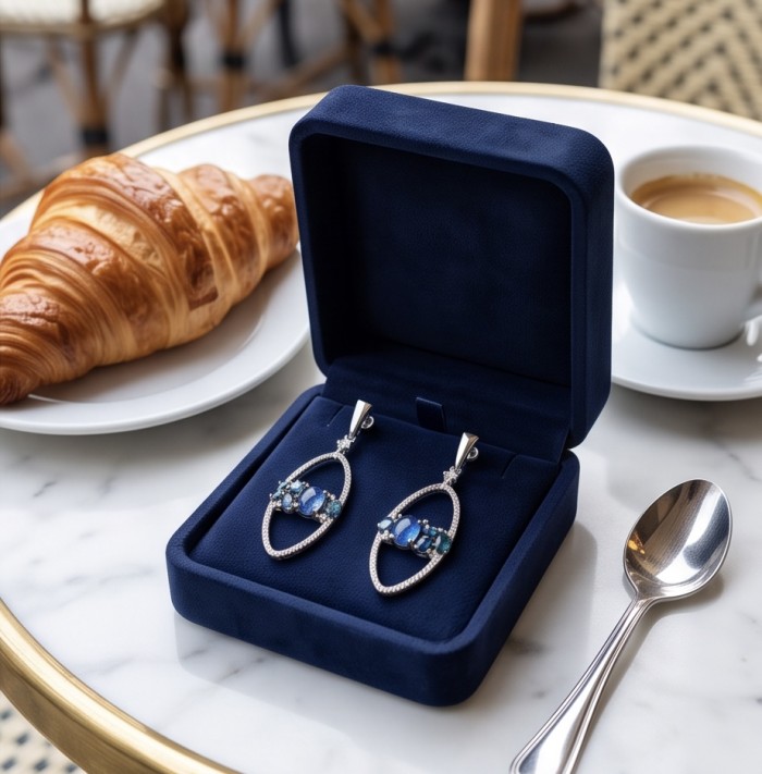 Giovanna - Authentic 8.9 carat Tanzanite .925 Sterling Silver handcrafted earrings - Earrings in box on table with croissant and coffee; top view.