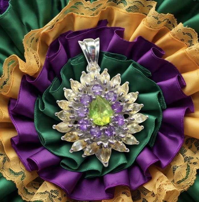 Isabel Authentic 11.2 carat Peridot from Arizona .925 Sterling Silver handmade pendant - Close-up of 11.2 carat Peridot pendant on layered fabric background