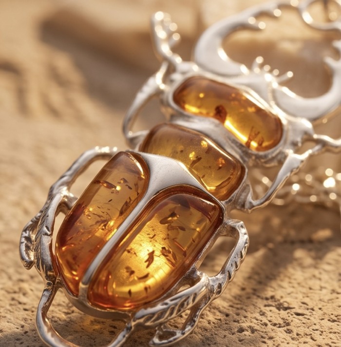 Unique creation - The Egyptian Scarab Beetles natural Baltic Amber .925 Sterling Silver handcrafted necklace - Close-up of Egyptian Scarab Beetle jewelry with amber details