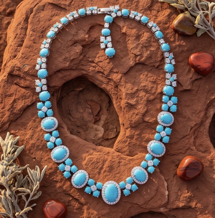 Blue Dreamland - Luxurious stabilized Turquoise .925 Sterling Silver handmade necklace - Overhead view of Blue Dreamland turquoise necklace on rocky surface.