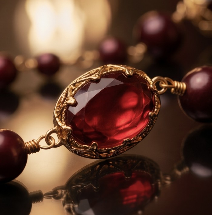 Incredible 48 inches long Red Topaz 10K Gold over .925 Sterling Silver handmade Necklace - Red topaz stone close-up in 10K gold over .925 sterling silver setting.